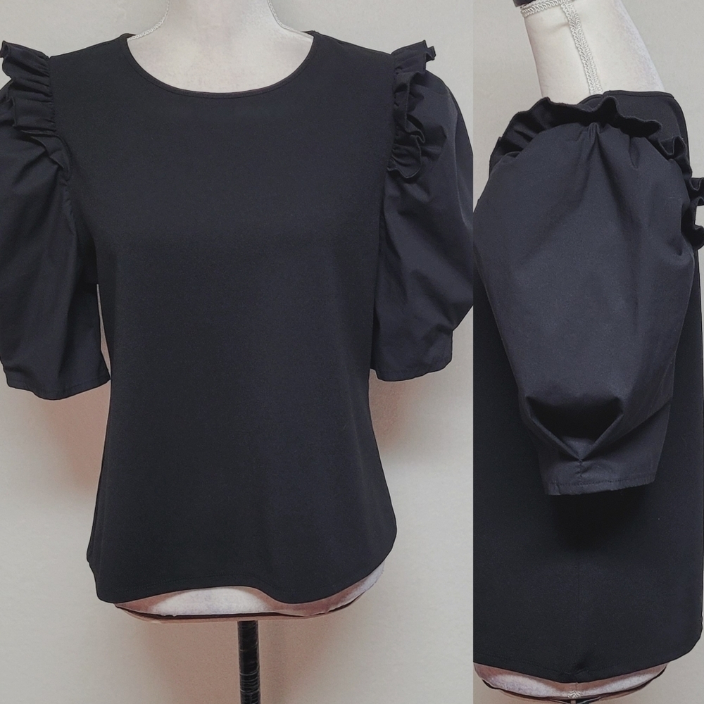 Andrew Marc Marc New York Black Round Neck Ruffled Puff Sleeve Boxy Blouse M